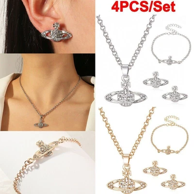 £6.69 • Buy 4pcs Crystal Saturn Heart Orb Set Necklace + Bracelet + Earrings Pendant Chains