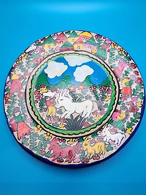 Mexican Clay Folk Art Round Plate Donkey In Field Of Flowers 9.5” Hand Painted • $10