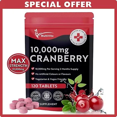 CRANBERRY 10000MG - 120 Vegan Tablets Urinary Tract Bladder & Kidney Support UK • £4.99