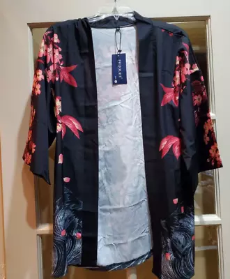 PRIJOUHE Mens Kimono Robe 3/4 Sleeve Open Front Japanese Shirt Cherry Blossoms • $14.99