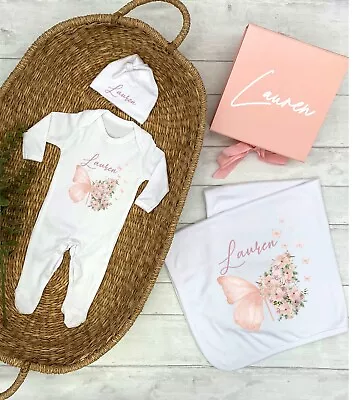 Personalised Floral Butterfly New Baby Girl Clothing Gift Set • £12.99