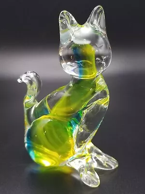 VTG Murano Style Art Glass Cat Paperweight Clear/Blue/Yellow/Green Somerso 4.5  • $44.95