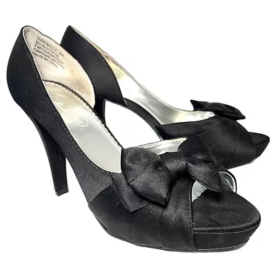 Peep-Toe Shoes Michaelangelo Maribelle Black Satin With Bow 4” High Heel - 8 M • $19.99