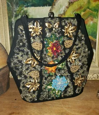 Vintage Caron Houston Texas Black 50's Big Frame Bag Beaded Handbag Purse Unique • $94.50