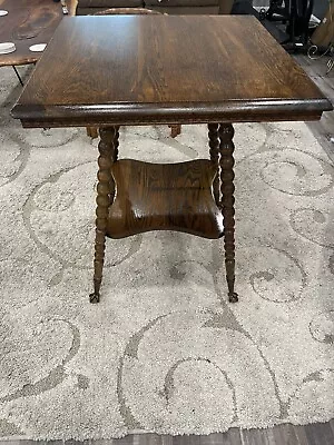 Antique Tiger Oak Parlor Side Table W/brass And Crystal Ball Feet Nice Condition • $599