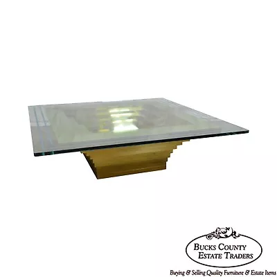 Mid-Century Modern Cityscape Stacking Brass Large Square Glass Top Coffee Table • $1495