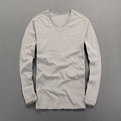 Men's Bamboo Knot Cotton Long Sleeved Thin V-Neck Solid Color Slim Fit T-Shirt • $28.83