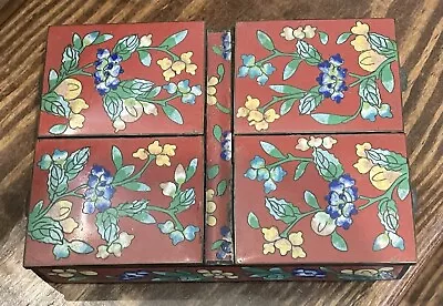 Vintage Chinese Cloisonne Red & Blue Enamel Jewelry Box Flowers 4 Compartment • $99