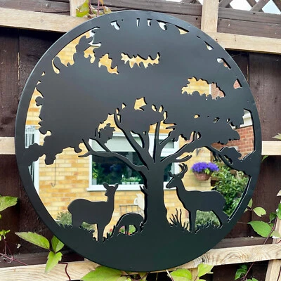 £35 • Buy Woodland Deer Garden Mirror Round Metal Black Silhouette Tree Wall Outdoor Gift