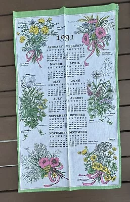 Vintage 1991 Calender Floral Cardinal Tea Linen Towel • $14.99