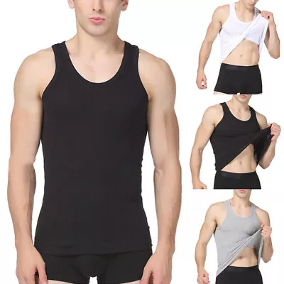 Men Slim Fine Rib T-Shirt Vest Tank Tees Tunic Tops Undershirt Cotton Solid UK • £2.63