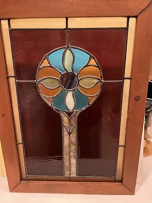 Vintage Stained Glass Vibrant Colors Flower Window 23”x 16 X 1.5 Wood Framed • $225