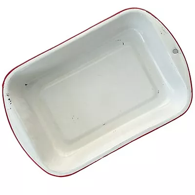 Vtg Enamelware Farmhouse Red & White Pan Large 15  X 10  X 2  Hangable Rustic • $16.98