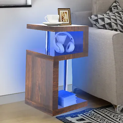 High Gloss Side Coffee Table 2 Tier Bedside End Table With LED Light Living Room • £27.99