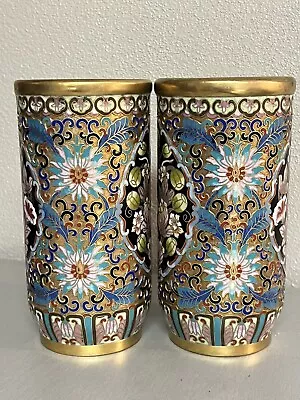 Pair Of Vintage Japanese Cloisonné Cylinder Flower Vases Sakura Chrysanthemum • $125