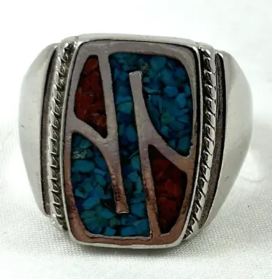 Vintage Men's Sterling Silver Turquoise & Coral Chip Ring Size 12 • $79.99