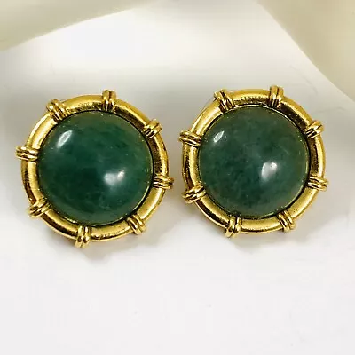 Vintage 1928 Brand Faux Jade Round Gold Tone Metal Pierced Post Earrings • $24.99