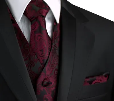 Men's Berry Paisley Tuxedo Vest Tie & Hankie Set. Wedding Dress Formal Prom • $24.89