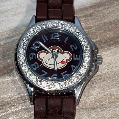 Monkey Face Wrist Watch Woman’s Sports Siliconband Rhinestones Around Face Brown • $15