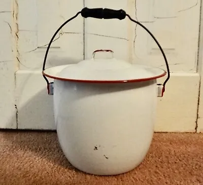 Vintage White With Red Trim Enamel Chamber Pot With Lid Farmhouse Enamelware • $45