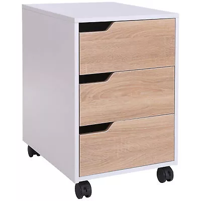 MDF Mobile File Cabinet W/ 3 Drawers Locking Wheels Metal Rails Oak Tone White • £84.99