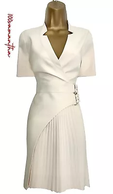 New Karen Millen Uk 12 Military Pleated Tailored Wrap Buckle Dress In Cream • £130