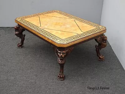 Vintage Baker Furniture Neoclassical Coffee Table Greek Key Burl Top W Lion Legs • $2350