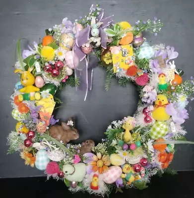 Vintage Easter Kitschy Wreath Flocked Cotton Spun Chenille Bunnies Chicks Eggs • $75