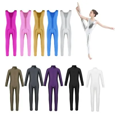 £12.23 • Buy Girls Shiny One Piece Catsuit Dance Unitard Gymnastic Leotard Bodysuit Jumpsuit