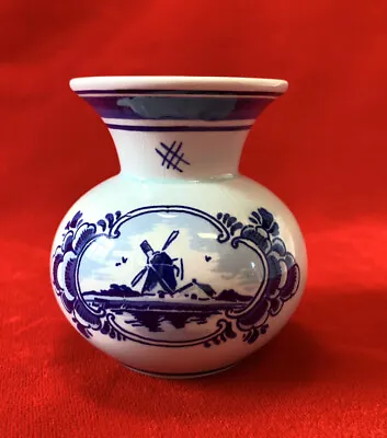 DELFTS BLAUW Blue Miniature Bud Vase Windmill Floral Hand Painted Holland 3.5” • $10.74