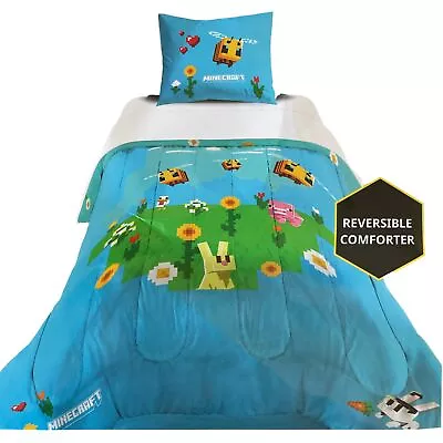 Minecraft Bees Knees Twin Full Comforter & Sham Set Reversible Blue Bed Set • $44.88