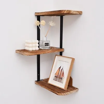 £14.59 • Buy Rustic Wood Corner Shelf Home Display Storage Rack Wall Floating Shelf 3 Tier