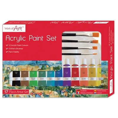Artists Acrylic Paint Pallet & Brush Gift Set 17 Piece Assorted Coloured Paints • £6.99