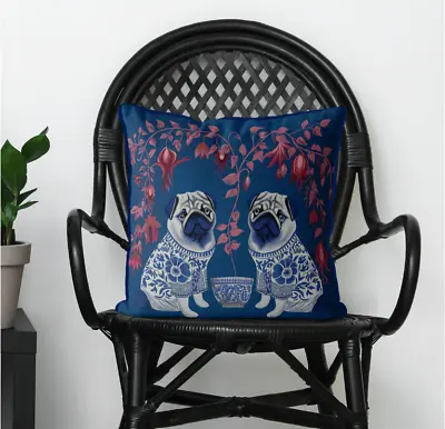 FABFUNKY LTD. CHINOISERIE PUG DOG TWINS BLUE CUSHION / PILLOW COVER 18  X 18  • $99