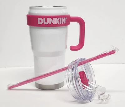 $29.99 • Buy Dunkin Donuts White Pink Stainless Tumbler 24oz Travel Mug With Handle Dnkn Mug