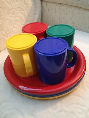 £16.50 • Buy Set Of 4 PLASTIC PICNIC CUPS/MUGS PLATES CAMPING HOLIDAYS Four Primary Colours 