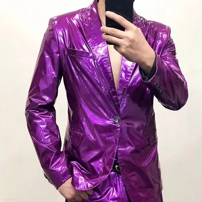 Men Mirror Bright Blazer Coat Faux Leather Performance Suit Jacket Nightclub 6XL • $88.92
