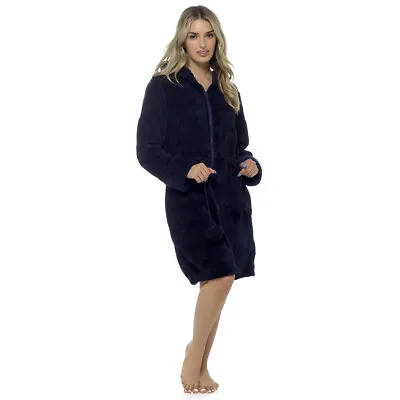 Ladies Luxury Heart Embossed Zip Front Hooded Dressing Gown Soft Robe Bathrobe • £25