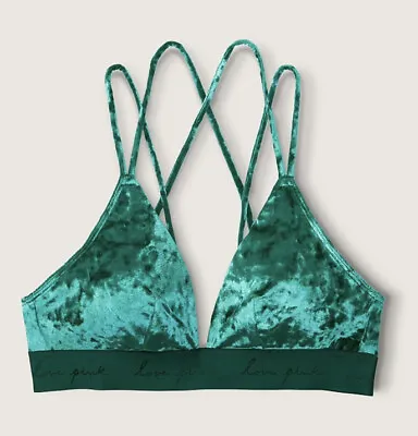 Victoria's Secret XL VS PINK Velvet Triangle Bralette Dark Garden Green Bra 1579 • $24