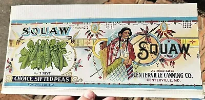 1920's SQUAW Choice Sifted PEAS UNUSED Canned Goods LABEL Centerville Canning MD • $9.99