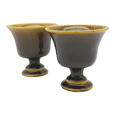 Footed Pedestal Planter Vase Pair 4  Small Vtg Dark Olive Green Brown Boho Retro • $23.20