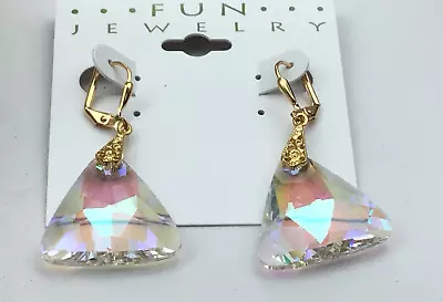 Fashion Earrings Glass Faceted Crystal AB Triangle Silver Tone Pierced NO OFFERS • $10