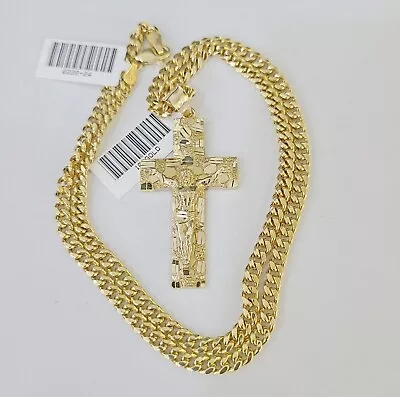 Real 10k Yellow Gold Chain Cross Charm Set 4mm Miami Cuban Link Necklace Pendant • $199