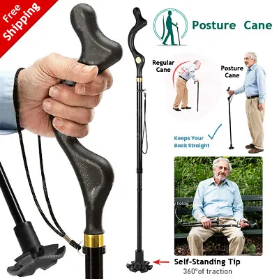 Folding Walking Stick Elder Posture Straight Cane Retractable Adjustable Height • $19.79