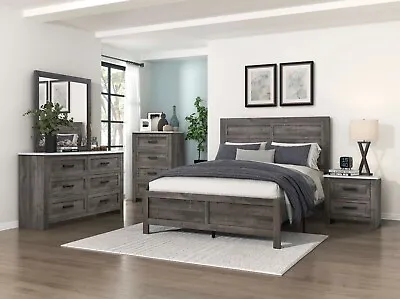 Rustic Gray Bedroom 5pc King Panel Bed Nightstands Dresser Mirror Furniture Set • $1549