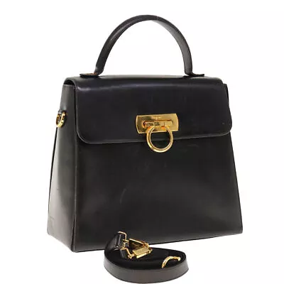 Salvatore Ferragamo Gancini Hand Bag Leather 2way Black Auth 64808 • $432.12