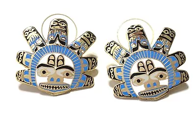 Mayan Aztec Enamel Earrings Pierced Gold Tone • $25