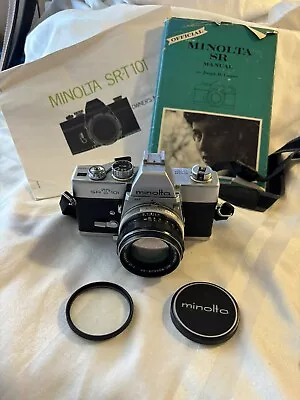 Minolta SRT 101 Camera With MC Rokkor PF 1.7 55mm Lens Plus Book • $35