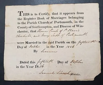 1826 Antique MARRIAGE CERTIFICATE Southampton Co Ma Thos PINCK Mary TUBB • $89.95