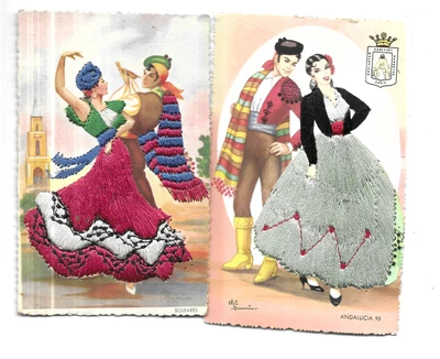£3.50 • Buy Two Spanish Silk Postcards - Girls In Traditional Dress - Soleares & Andalucia